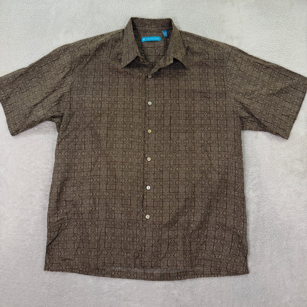 Tori Richard Mens Medium Aloha Button Down Shirt Brown Geometric Tribal Hawaiian